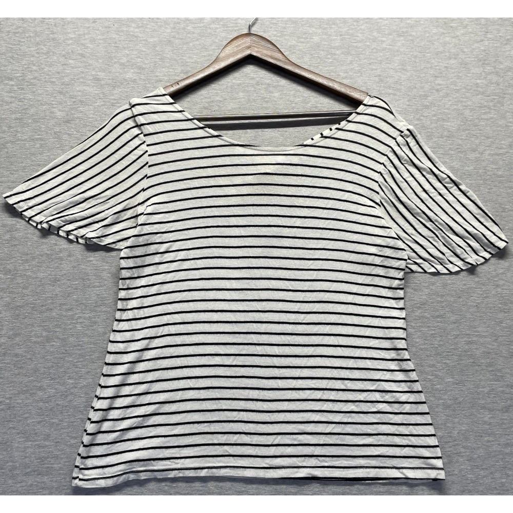 Espresso Blouse Top Womens S White Striped Flutter Sleeve Twist Criss Cross Back